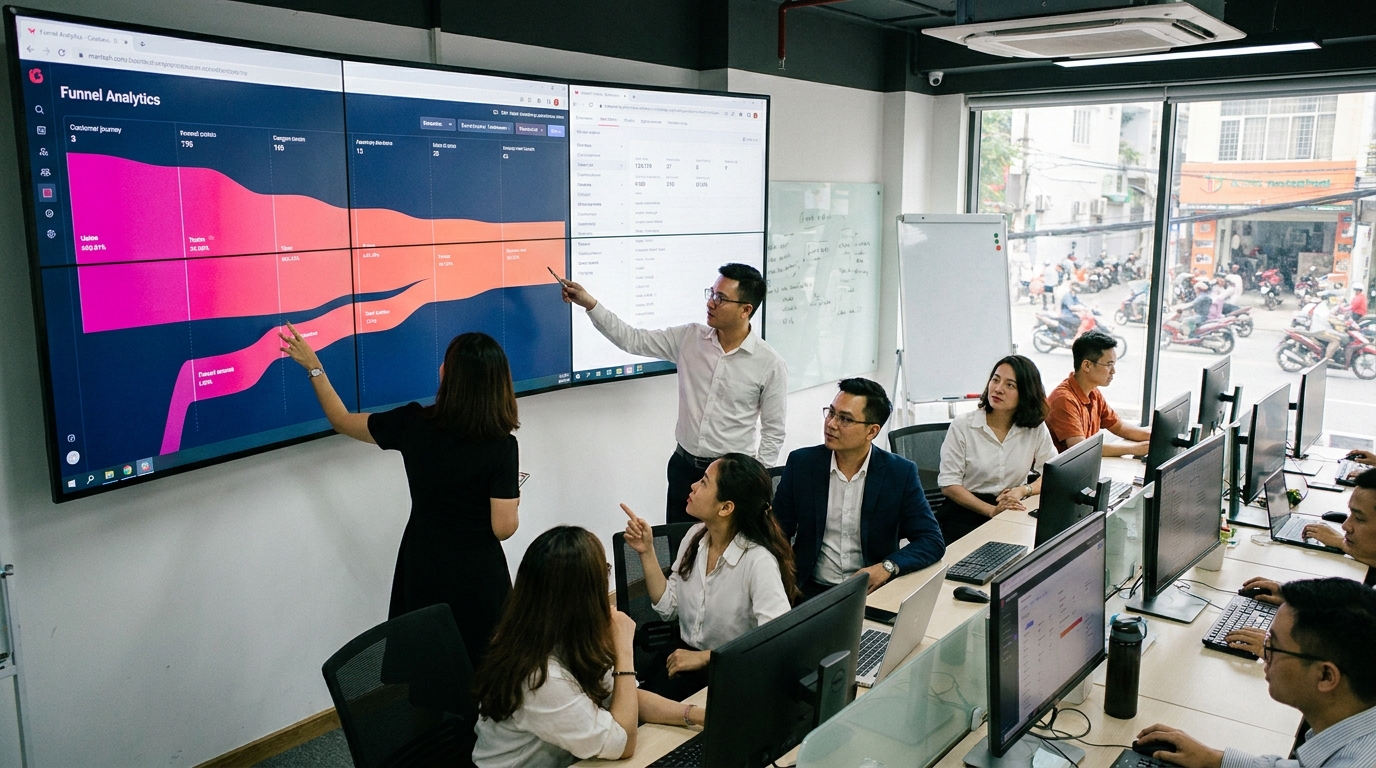Minh họa funnel analytics trong marketing automation cho SME Việt trong quy trình vận hành 2026