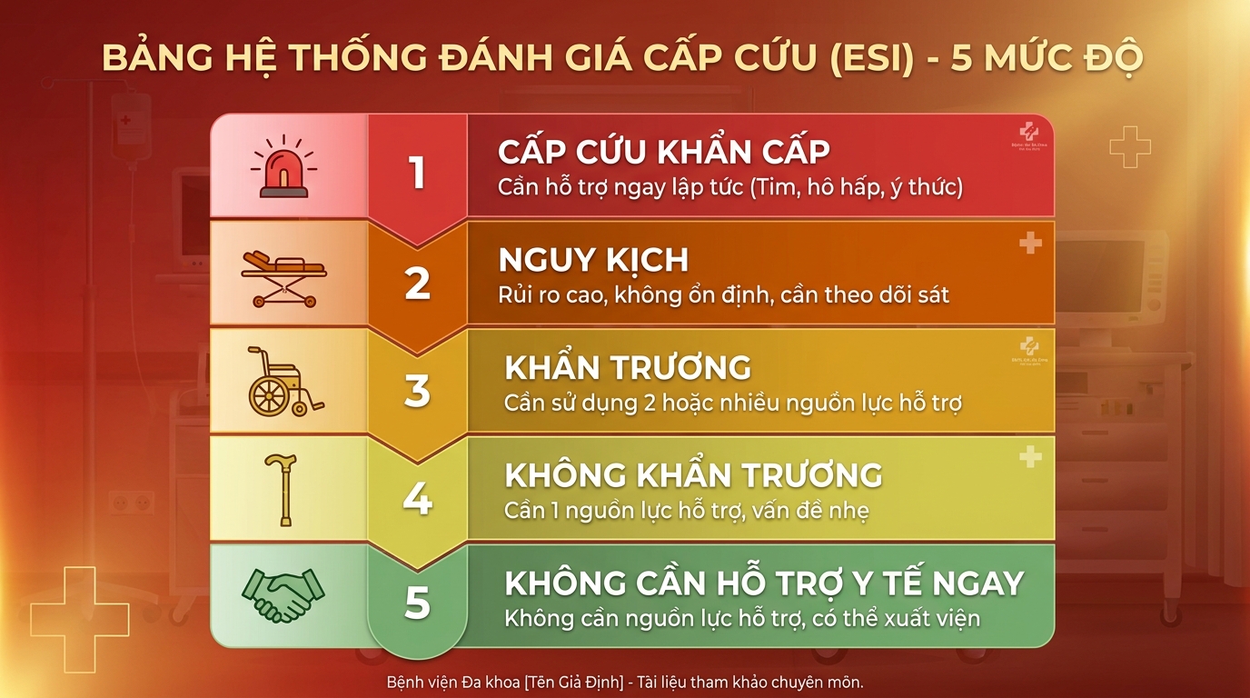 ESI 5 cấp triage chart với nhãn tiếng Việt