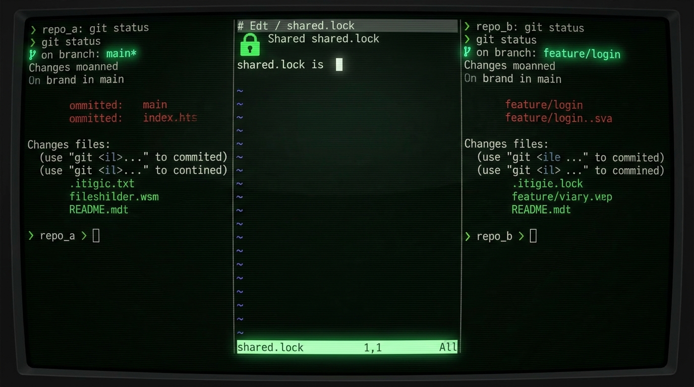 Multi-repo split panel with shared lockfile in center showing dependency between repos