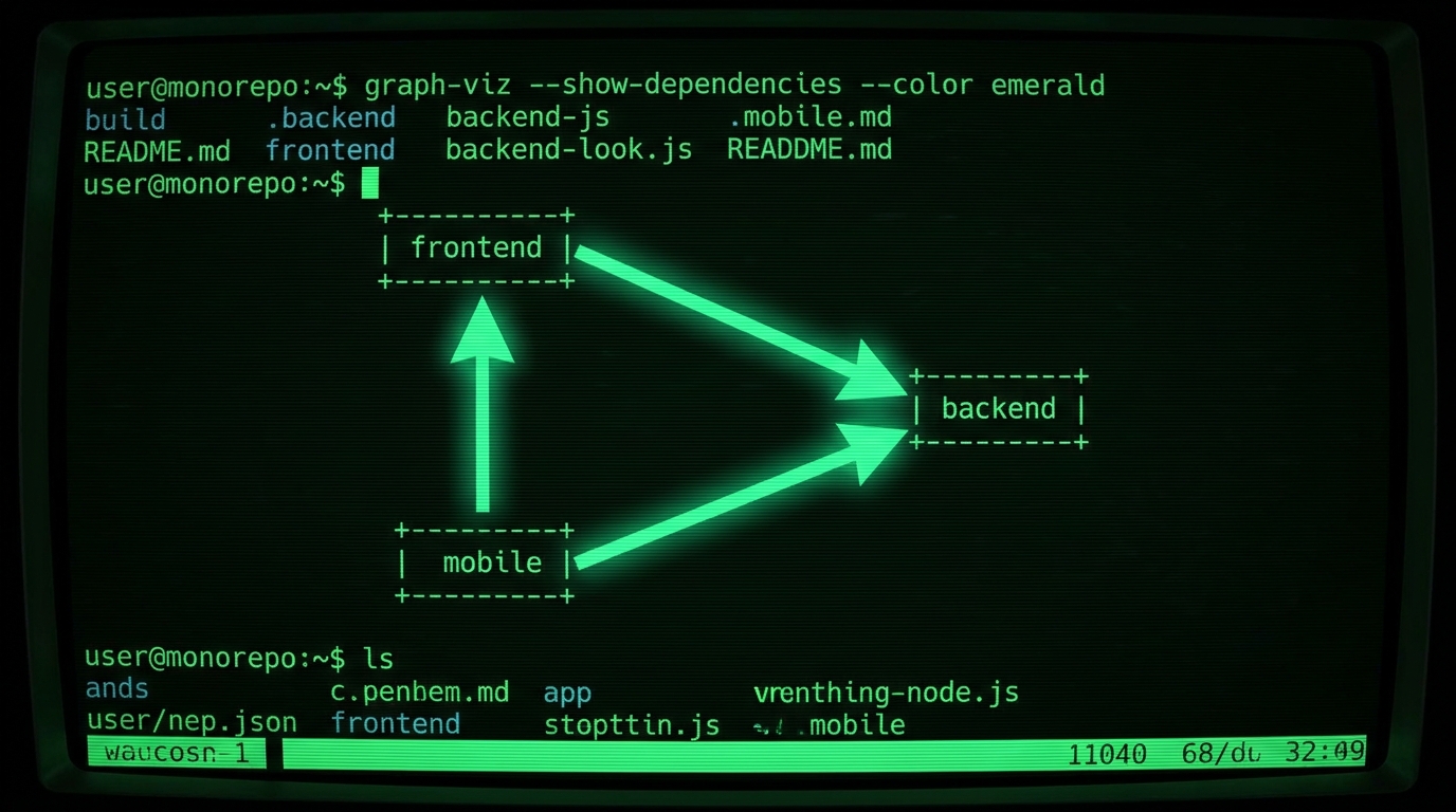 Dark monorepo dependency graph emerald green between packages