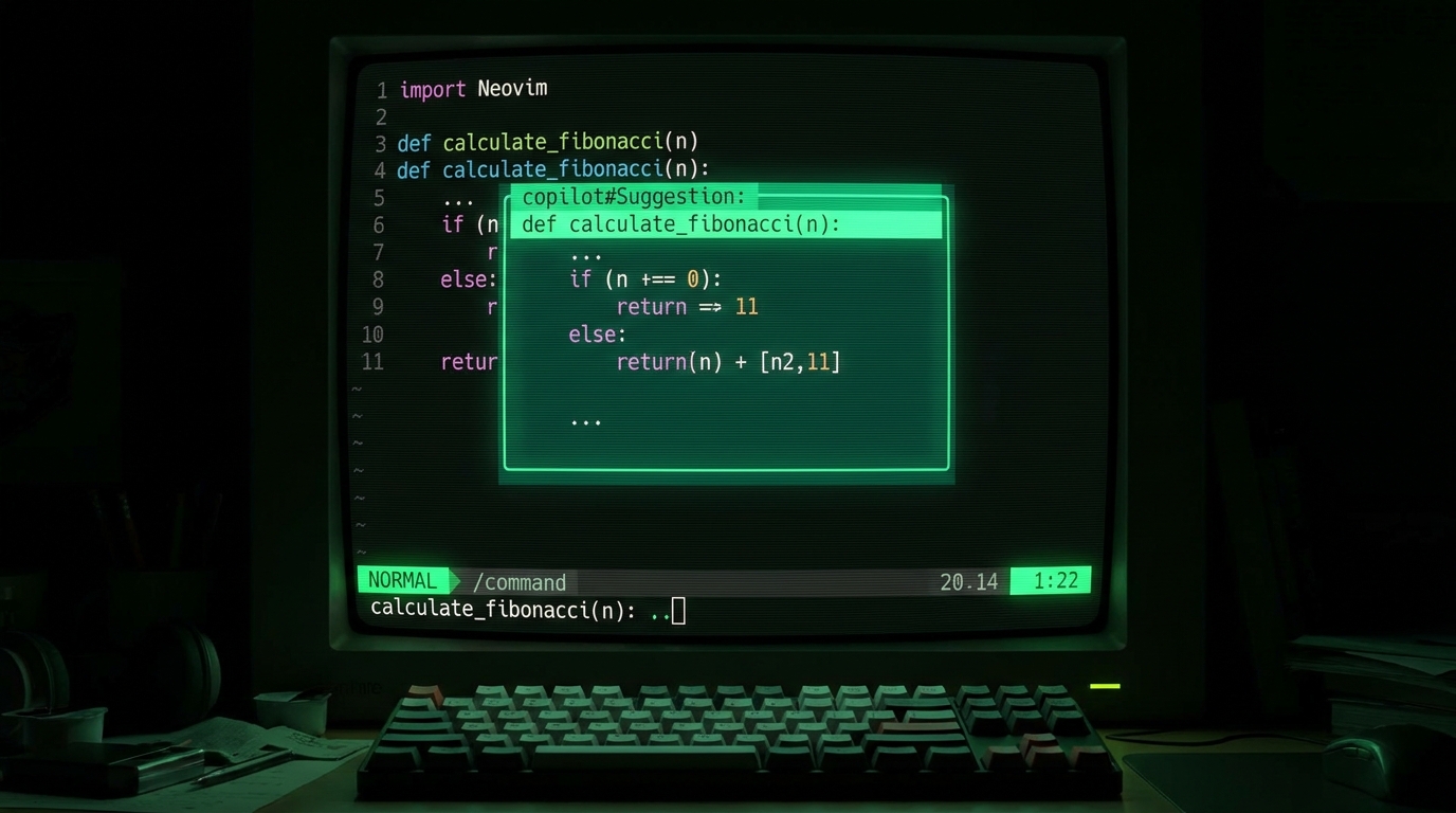 Dark Neovim with floating window AI suggestion in emerald green