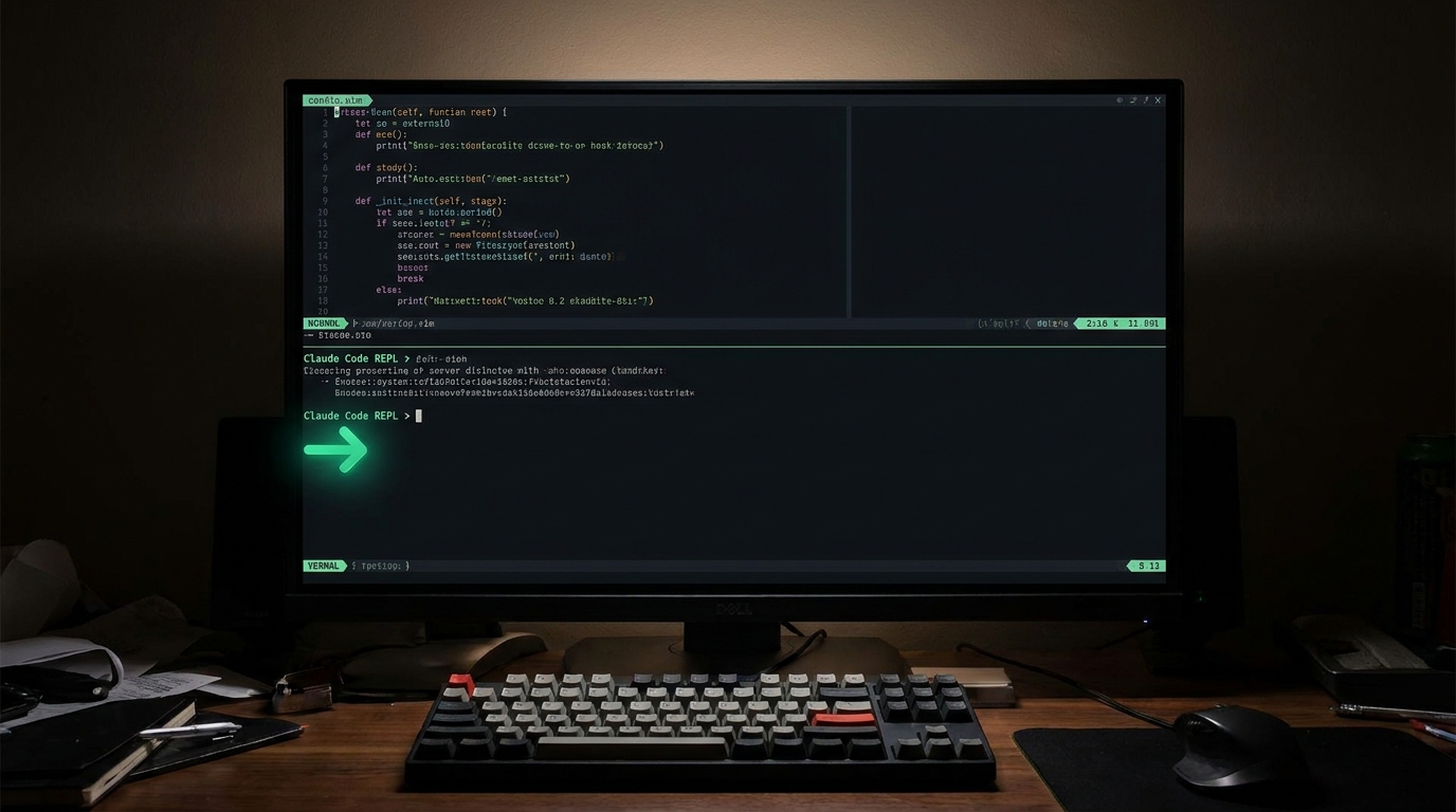 Dark Vim editor split horizontal with Claude Code REPL terminal at bottom