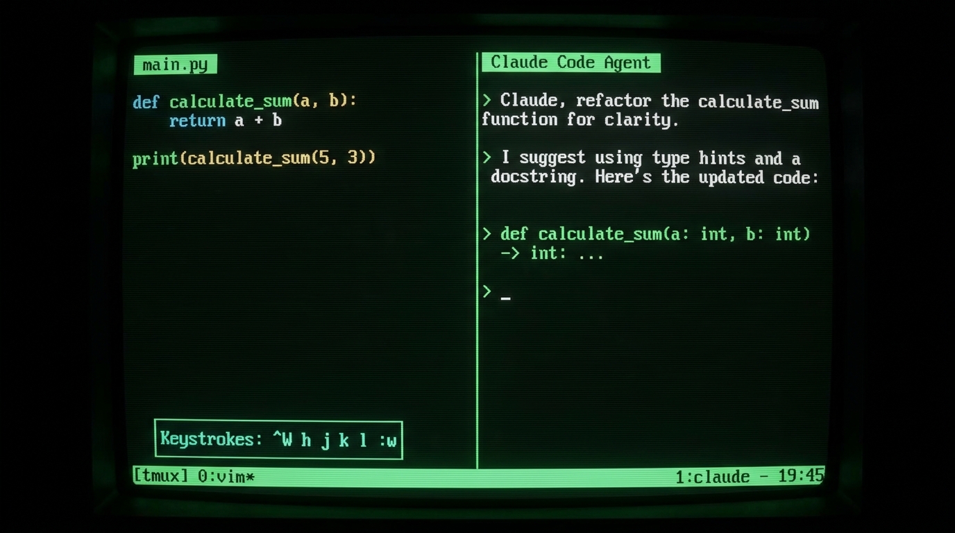 Dark terminal tmux session with Vim left and Claude Code agent right
