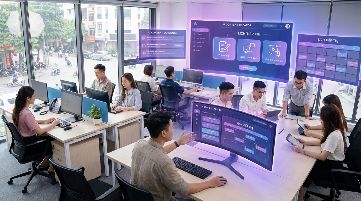 Minh họa tổng quan ai marketing agent tu viet content cho SME Việt