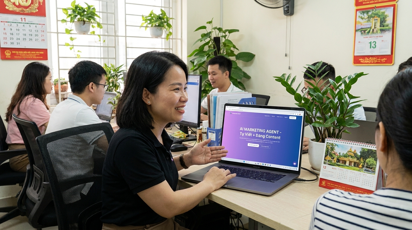 Minh họa ai marketing agent tự viết và đăng content có nên dùng không? trong ai marketing agent tu viet content