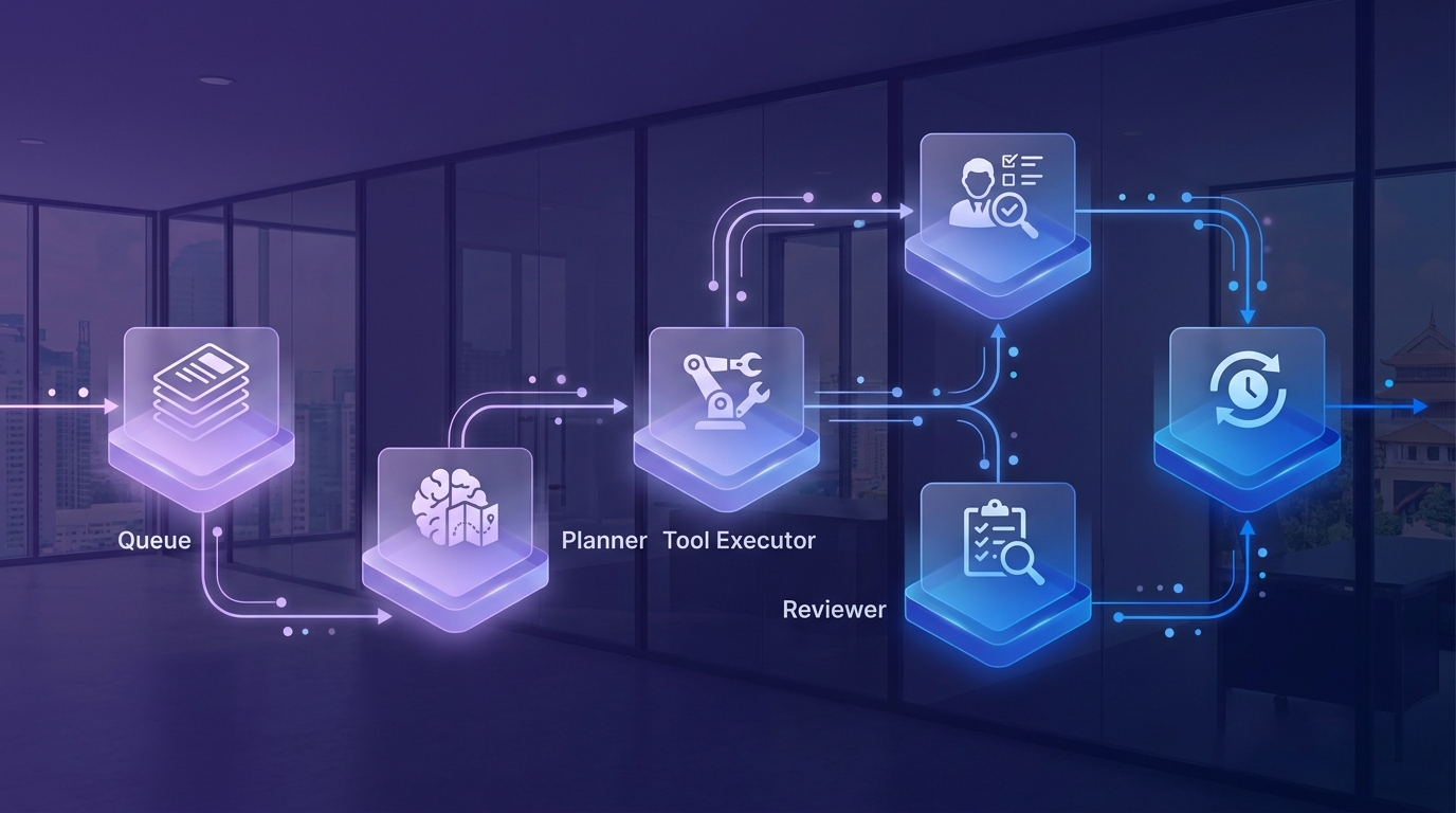 Minh họa workflow production agent gồm planner, tool executor và reviewer