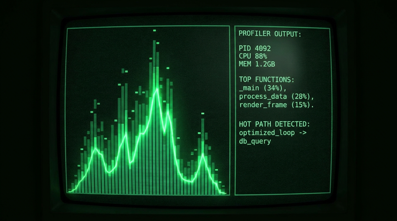 Dark terminal flame graph hot path highlighted profiler output text