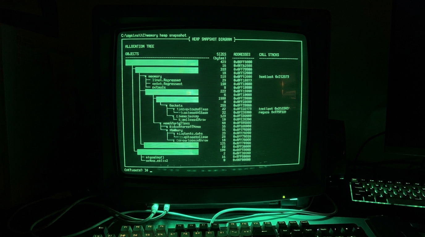 Dark monitor memory heap snapshot diagram emerald green allocation tree