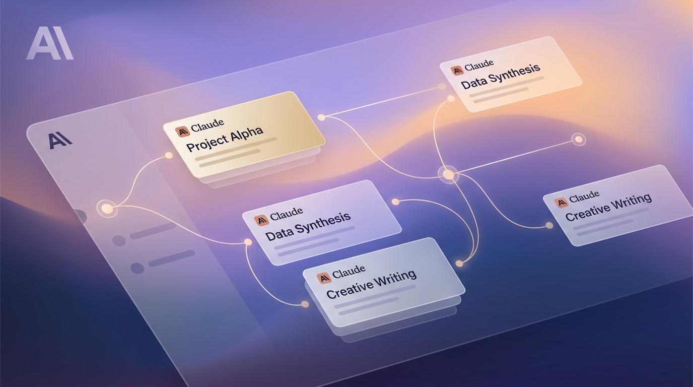 Cover: dashboard Claude workspace với nhiều project floating trên nền gradient tím
