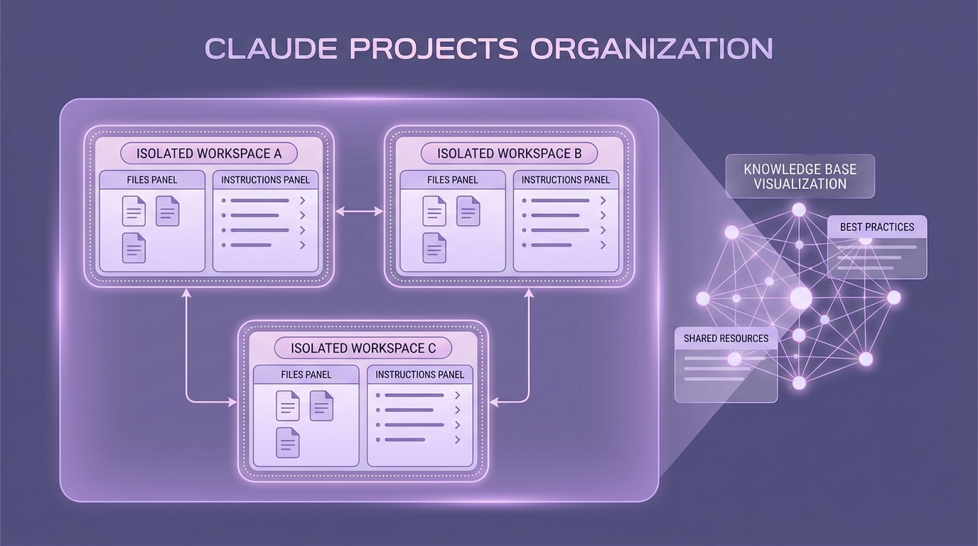 Diagram cấu trúc Claude Projects với nhiều workspace cô lập